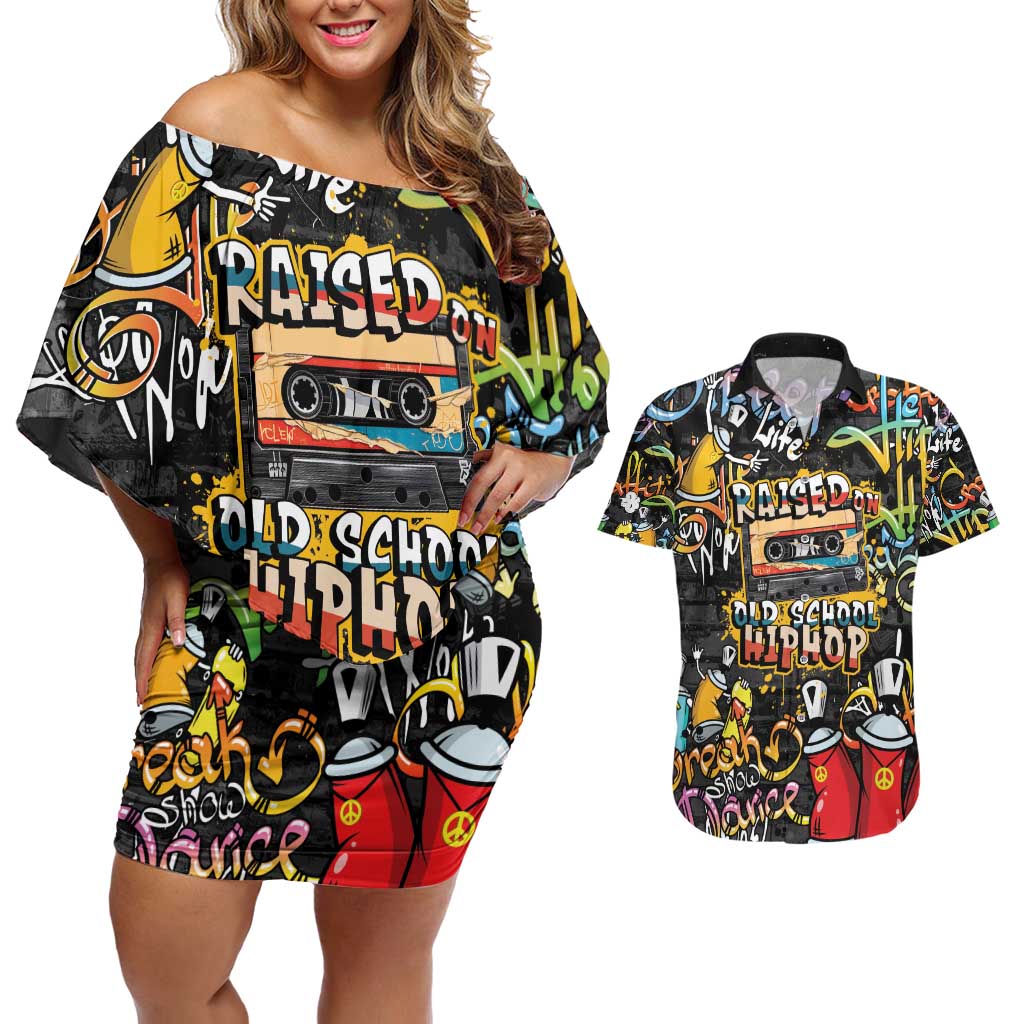Raised On Hip Hop Couples Matching Off Shoulder Short Dress and Hawaiian Shirt Graffiti Art Style - Wonder Print Shop