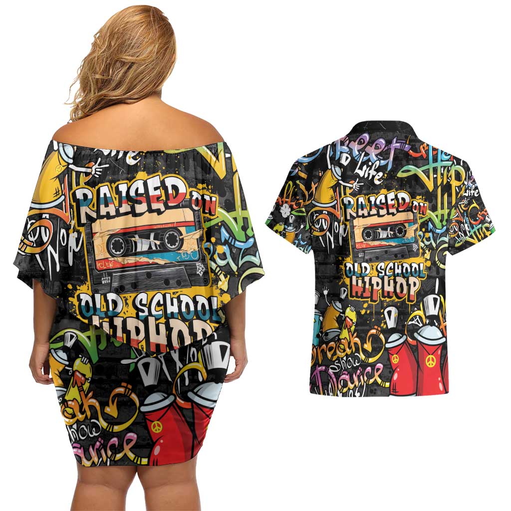 Raised On Hip Hop Couples Matching Off Shoulder Short Dress and Hawaiian Shirt Graffiti Art Style - Wonder Print Shop
