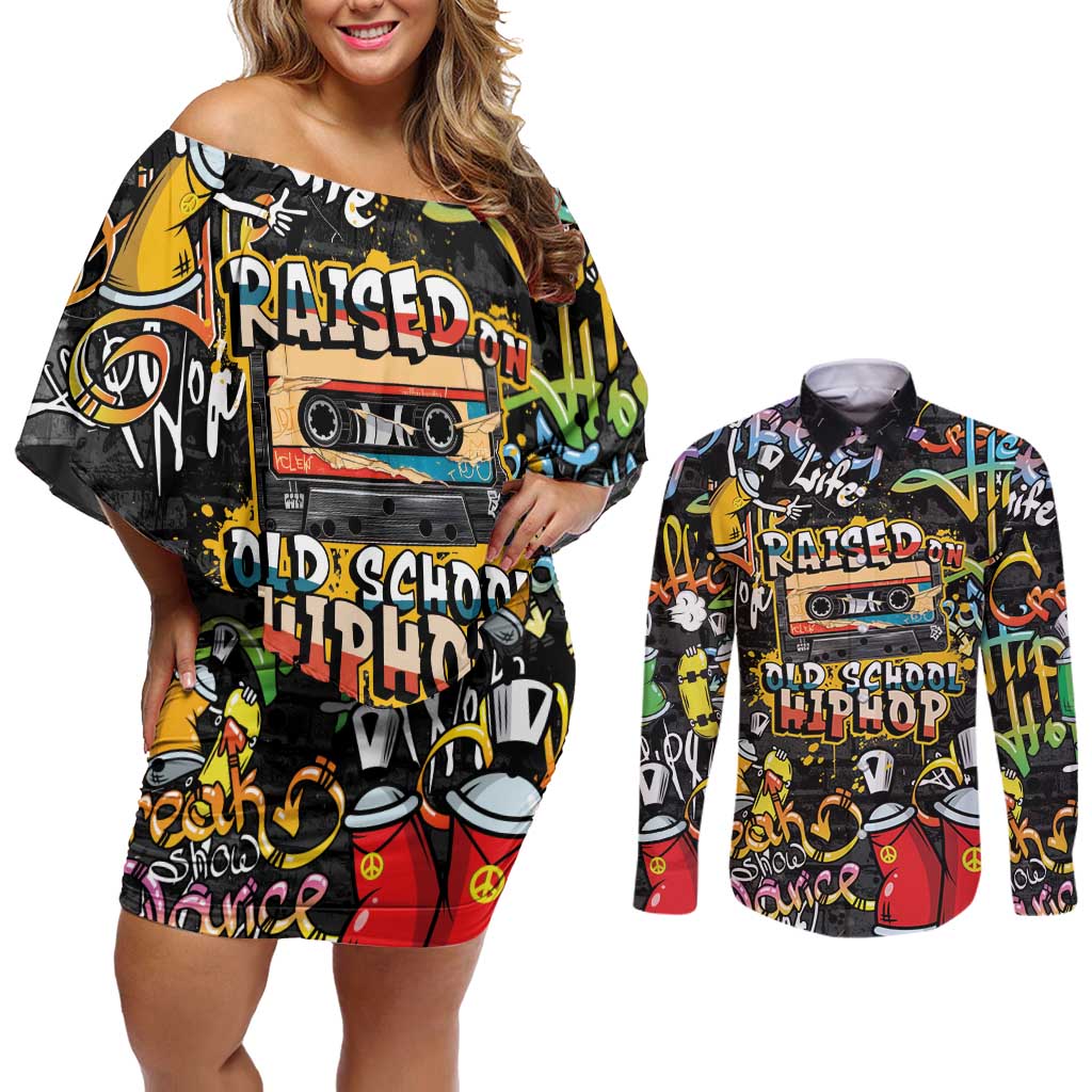 Raised On Hip Hop Couples Matching Off Shoulder Short Dress and Long Sleeve Button Shirt Graffiti Art Style - Wonder Print Shop