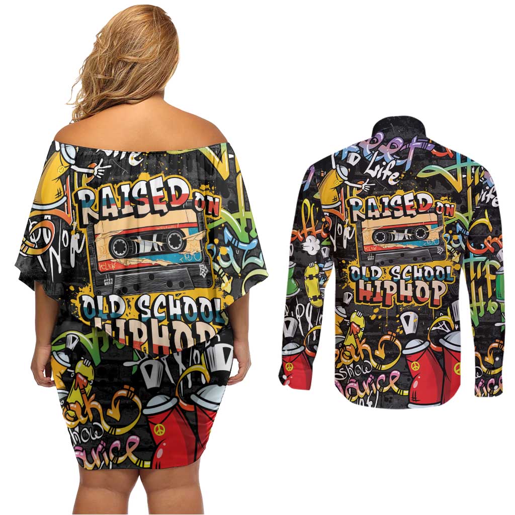 Raised On Hip Hop Couples Matching Off Shoulder Short Dress and Long Sleeve Button Shirt Graffiti Art Style - Wonder Print Shop