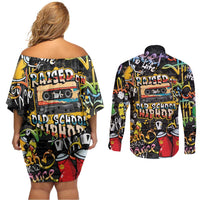 Raised On Hip Hop Couples Matching Off Shoulder Short Dress and Long Sleeve Button Shirt Graffiti Art Style - Wonder Print Shop