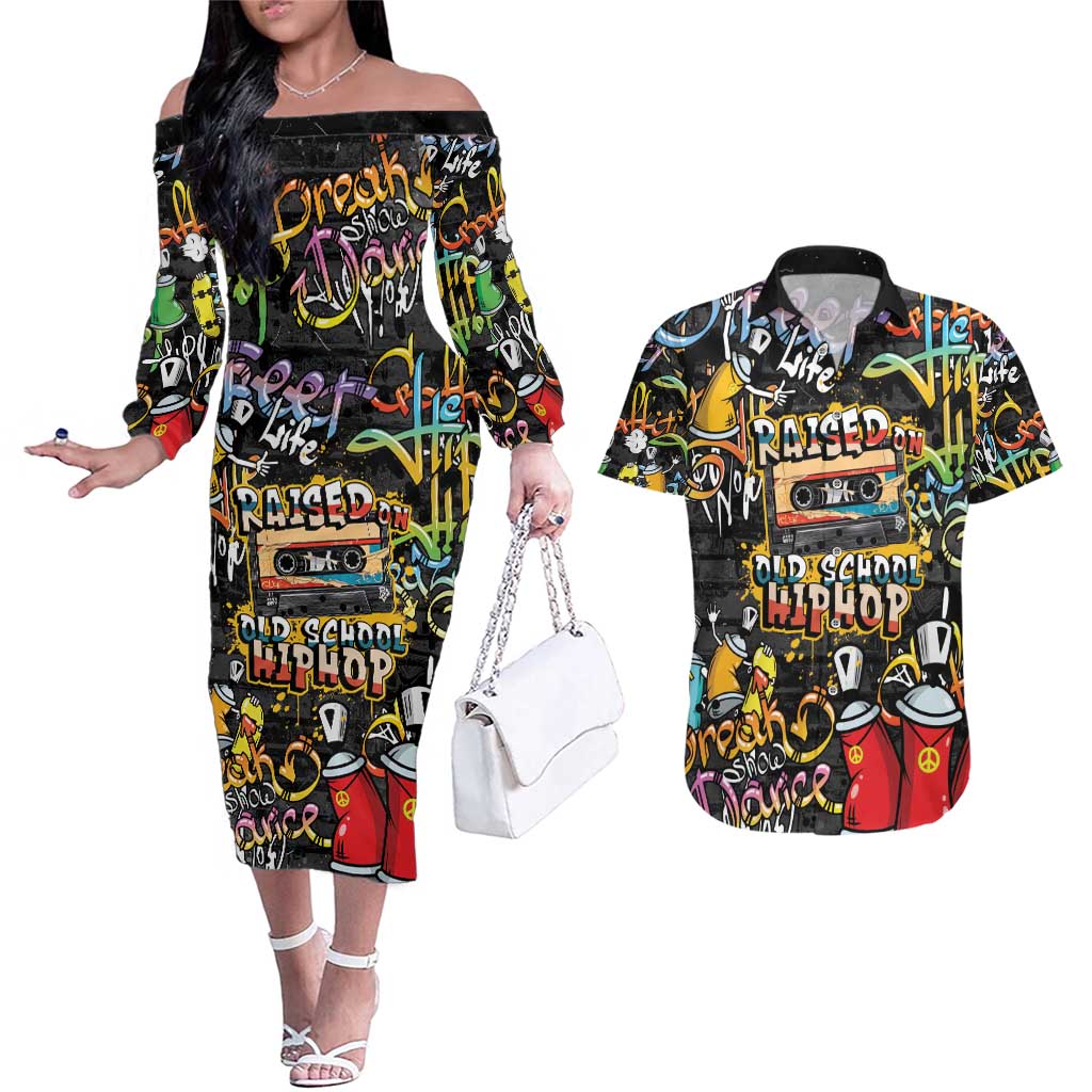 Raised On Hip Hop Couples Matching Off The Shoulder Long Sleeve Dress and Hawaiian Shirt Graffiti Art Style - Wonder Print Shop