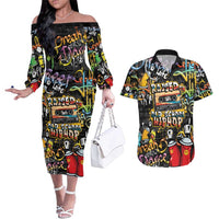 Raised On Hip Hop Couples Matching Off The Shoulder Long Sleeve Dress and Hawaiian Shirt Graffiti Art Style - Wonder Print Shop
