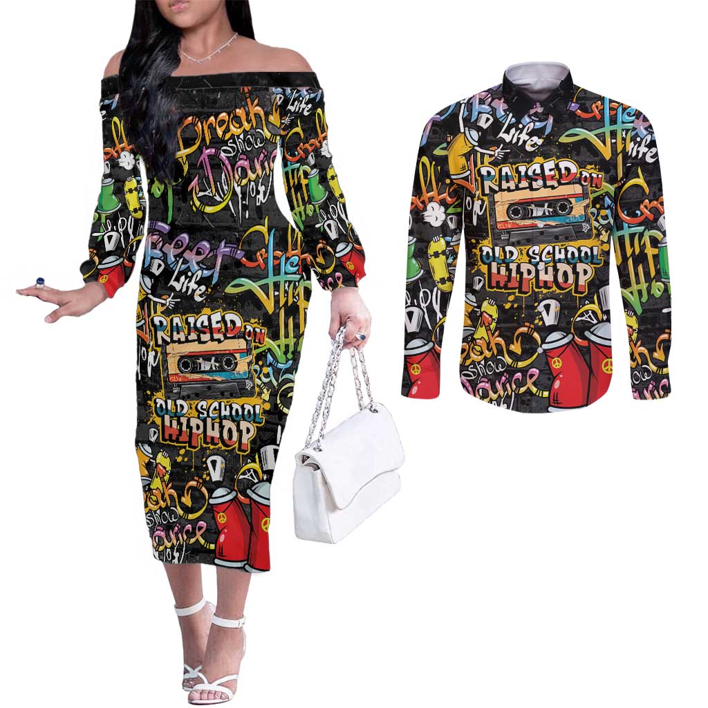 Raised On Hip Hop Couples Matching Off The Shoulder Long Sleeve Dress and Long Sleeve Button Shirt Graffiti Art Style - Wonder Print Shop