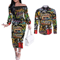 Raised On Hip Hop Couples Matching Off The Shoulder Long Sleeve Dress and Long Sleeve Button Shirt Graffiti Art Style - Wonder Print Shop