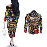 Raised On Hip Hop Couples Matching Off The Shoulder Long Sleeve Dress and Long Sleeve Button Shirt Graffiti Art Style - Wonder Print Shop