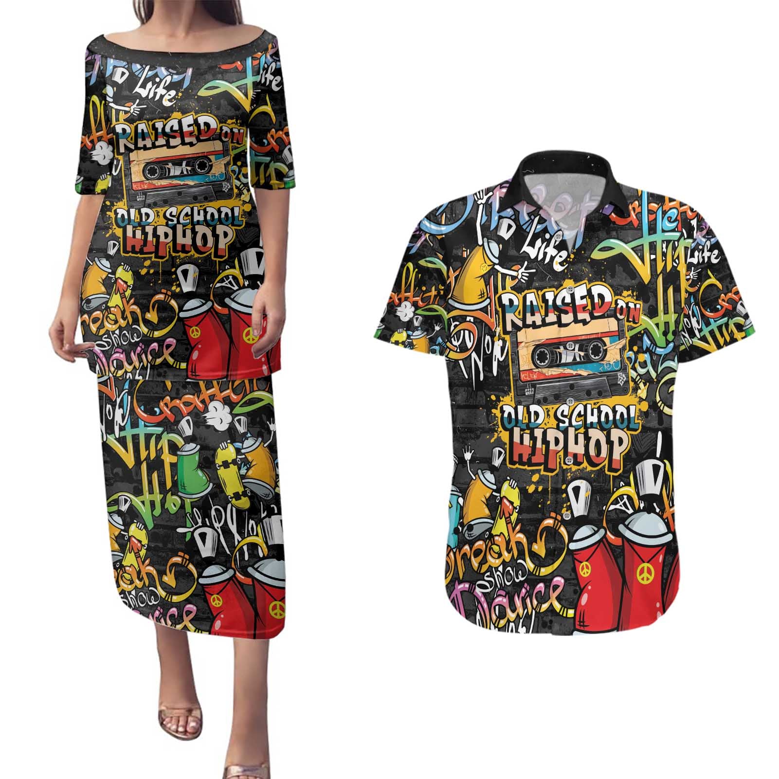 Raised On Hip Hop Couples Matching Puletasi and Hawaiian Shirt Graffiti Art Style - Wonder Print Shop