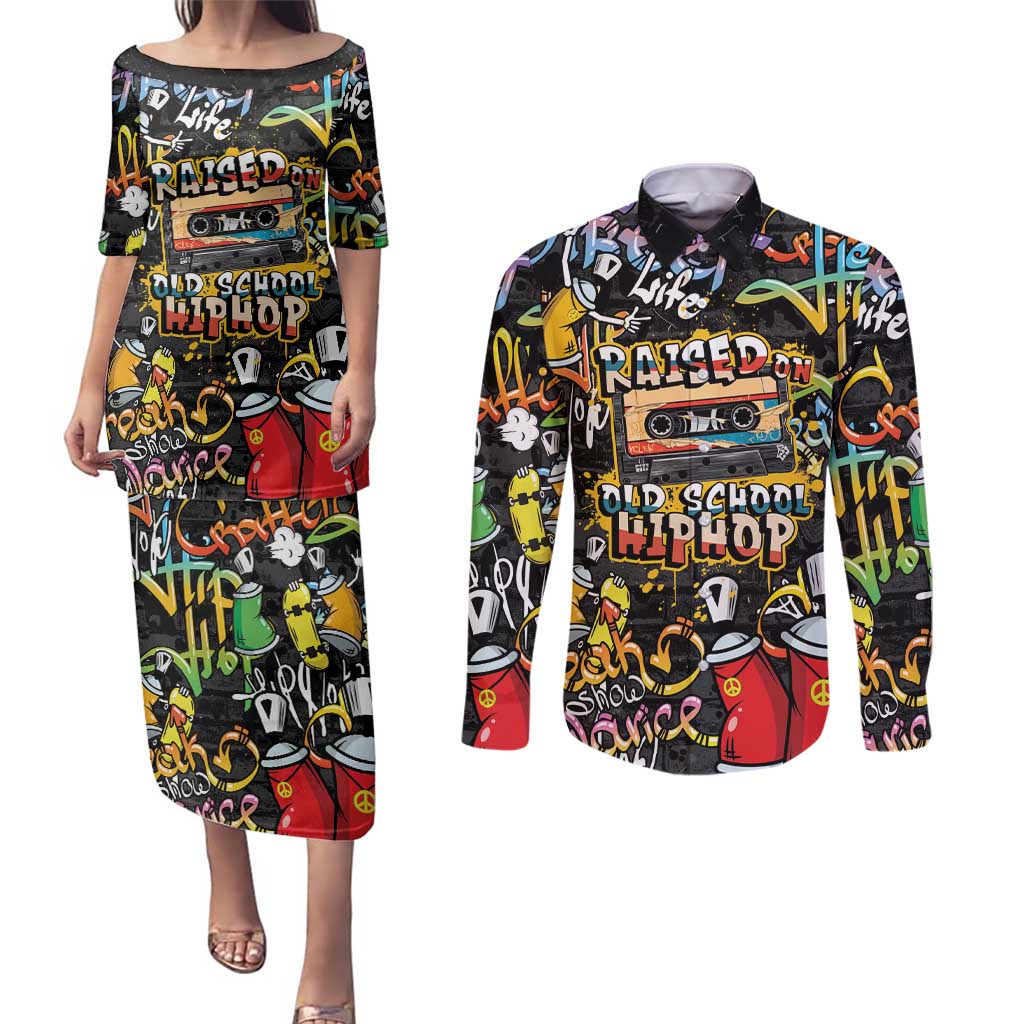 Raised On Hip Hop Couples Matching Puletasi and Long Sleeve Button Shirt Graffiti Art Style - Wonder Print Shop