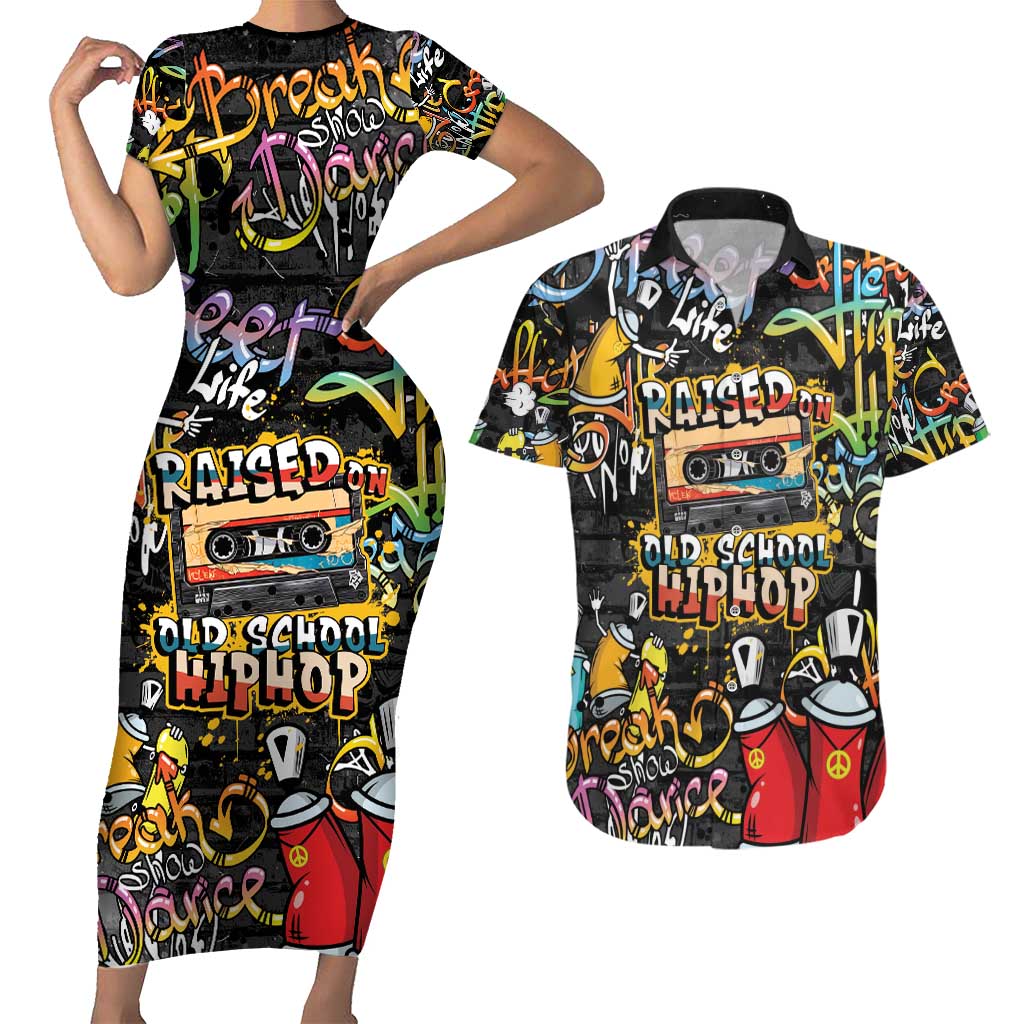 Raised On Hip Hop Couples Matching Short Sleeve Bodycon Dress and Hawaiian Shirt Graffiti Art Style - Wonder Print Shop