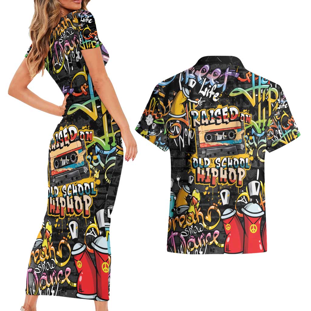 Raised On Hip Hop Couples Matching Short Sleeve Bodycon Dress and Hawaiian Shirt Graffiti Art Style - Wonder Print Shop