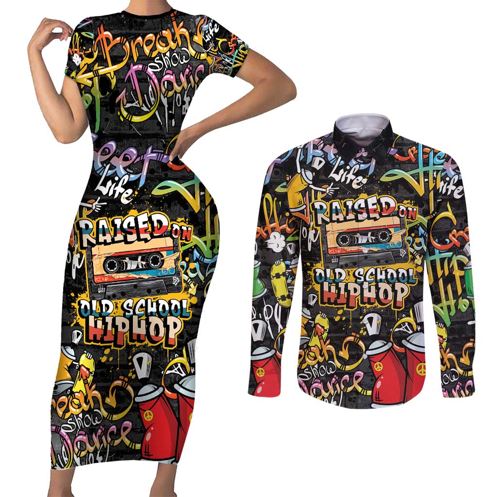 Raised On Hip Hop Couples Matching Short Sleeve Bodycon Dress and Long Sleeve Button Shirt Graffiti Art Style - Wonder Print Shop
