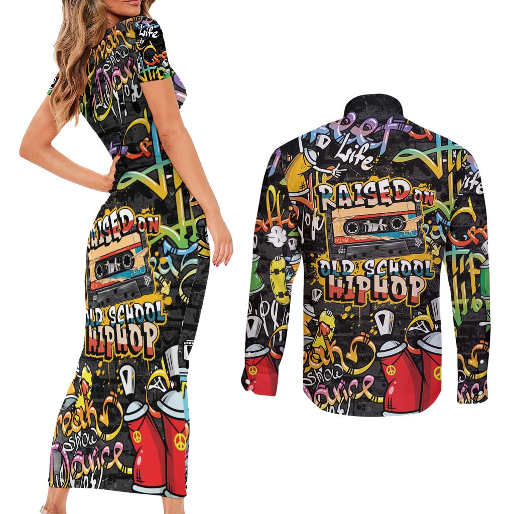 Raised On Hip Hop Couples Matching Short Sleeve Bodycon Dress and Long Sleeve Button Shirt Graffiti Art Style - Wonder Print Shop