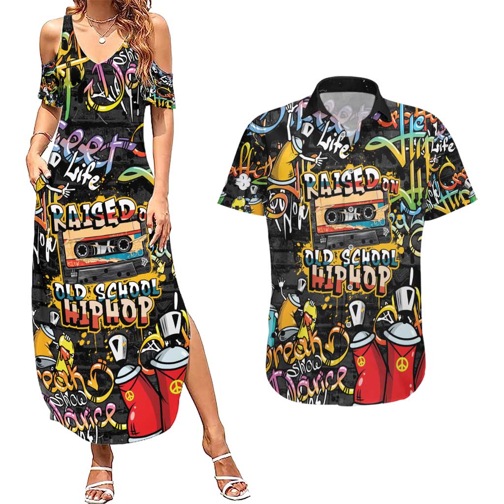 Raised On Hip Hop Couples Matching Summer Maxi Dress and Hawaiian Shirt Graffiti Art Style - Wonder Print Shop