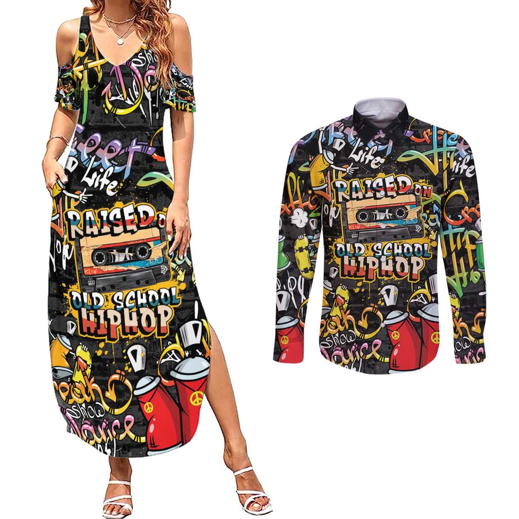 Raised On Hip Hop Couples Matching Summer Maxi Dress and Long Sleeve Button Shirt Graffiti Art Style - Wonder Print Shop