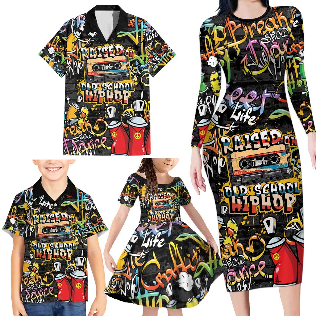 Raised On Hip Hop Family Matching Long Sleeve Bodycon Dress and Hawaiian Shirt Graffiti Art Style - Wonder Print Shop