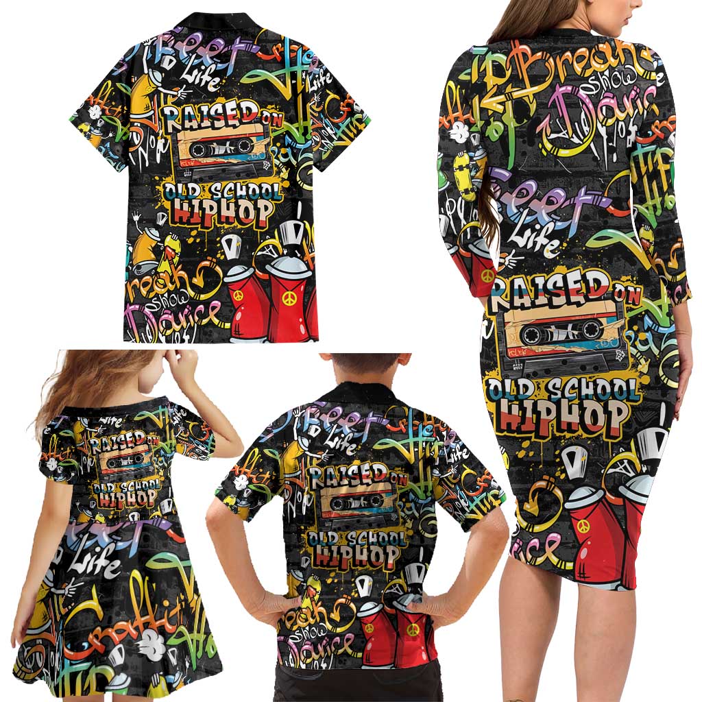 Raised On Hip Hop Family Matching Long Sleeve Bodycon Dress and Hawaiian Shirt Graffiti Art Style - Wonder Print Shop