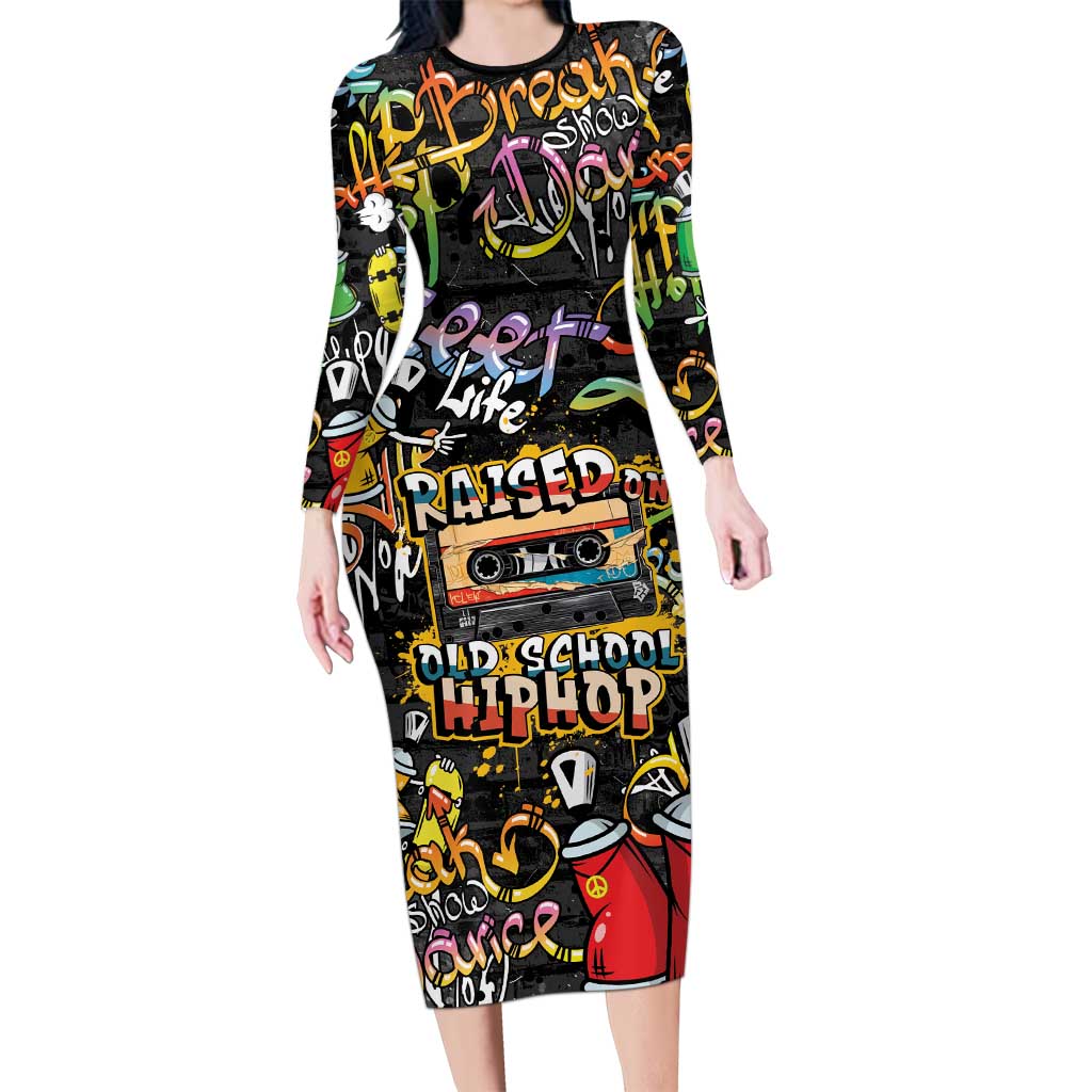 Raised On Hip Hop Family Matching Long Sleeve Bodycon Dress and Hawaiian Shirt Graffiti Art Style - Wonder Print Shop