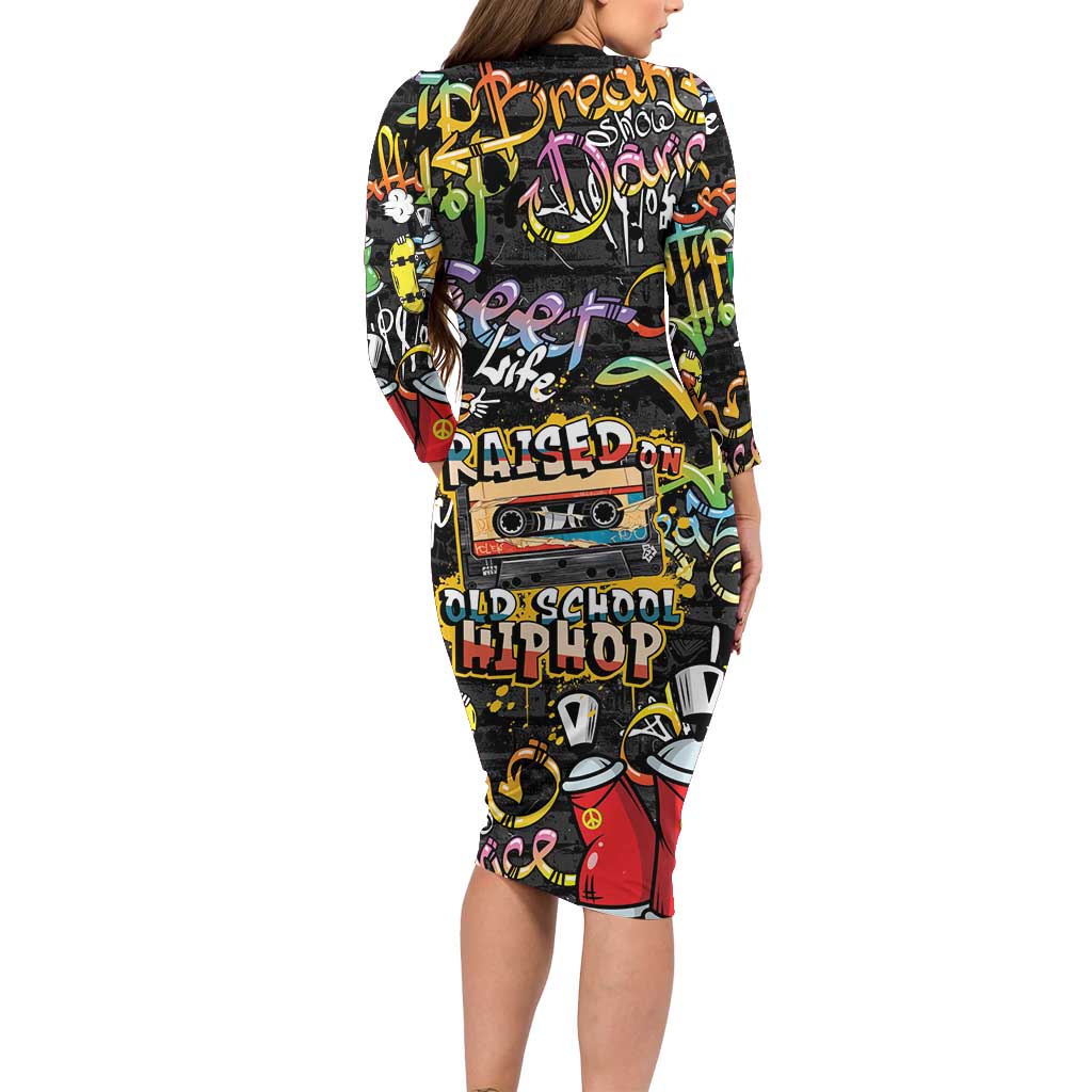 Raised On Hip Hop Family Matching Long Sleeve Bodycon Dress and Hawaiian Shirt Graffiti Art Style - Wonder Print Shop