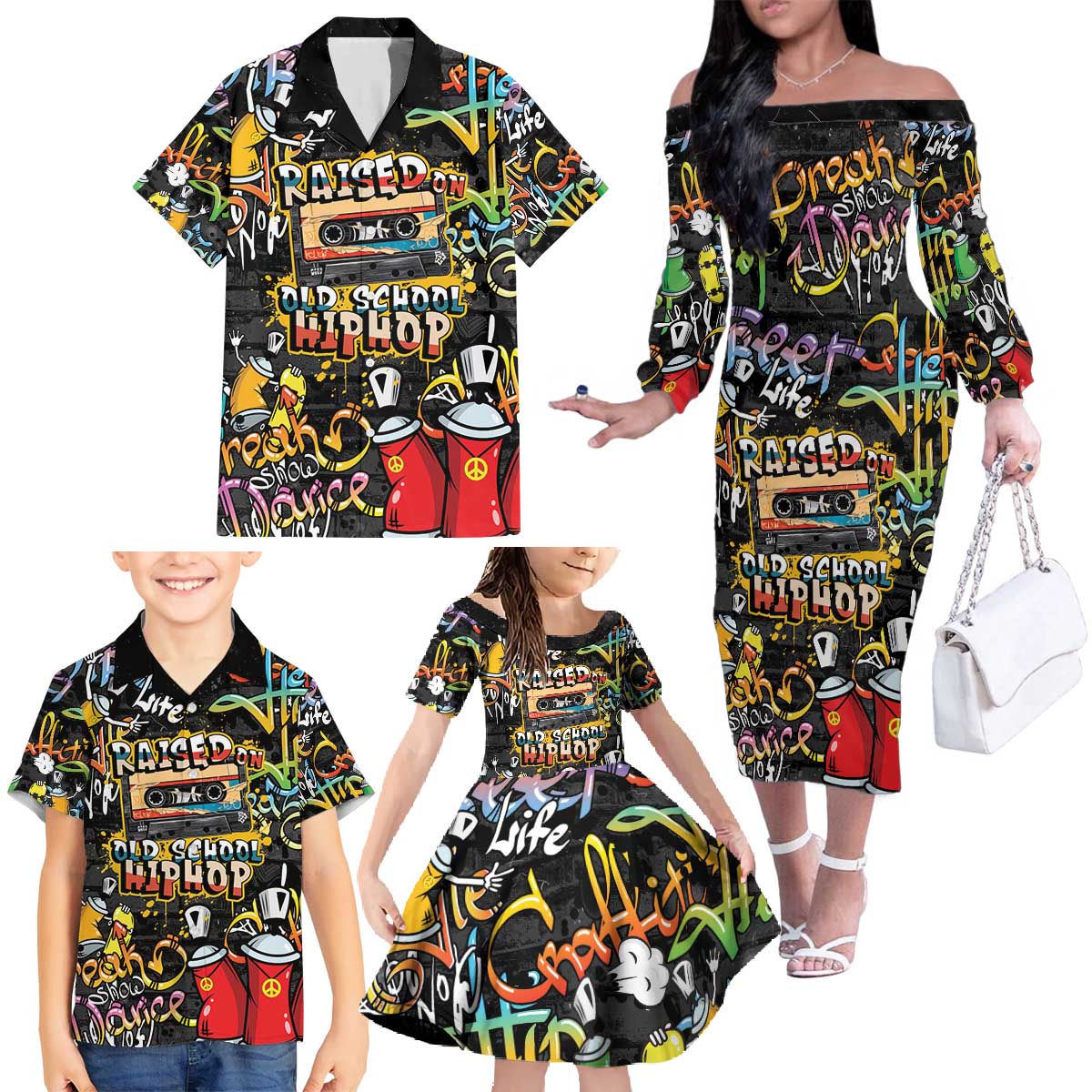 Raised On Hip Hop Family Matching Off The Shoulder Long Sleeve Dress and Hawaiian Shirt Graffiti Art Style - Wonder Print Shop