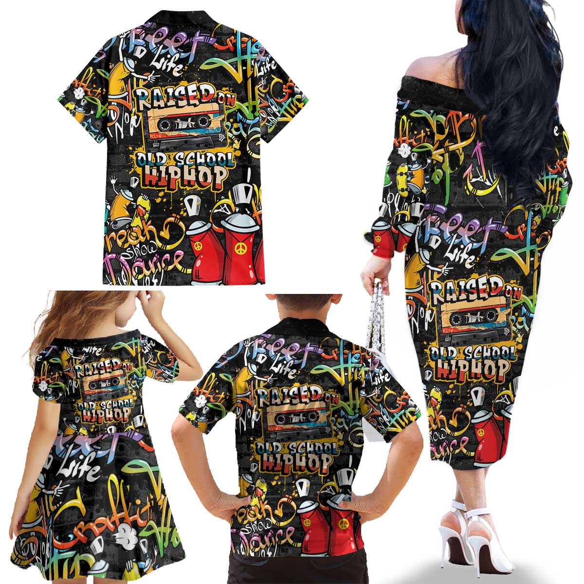 Raised On Hip Hop Family Matching Off The Shoulder Long Sleeve Dress and Hawaiian Shirt Graffiti Art Style - Wonder Print Shop