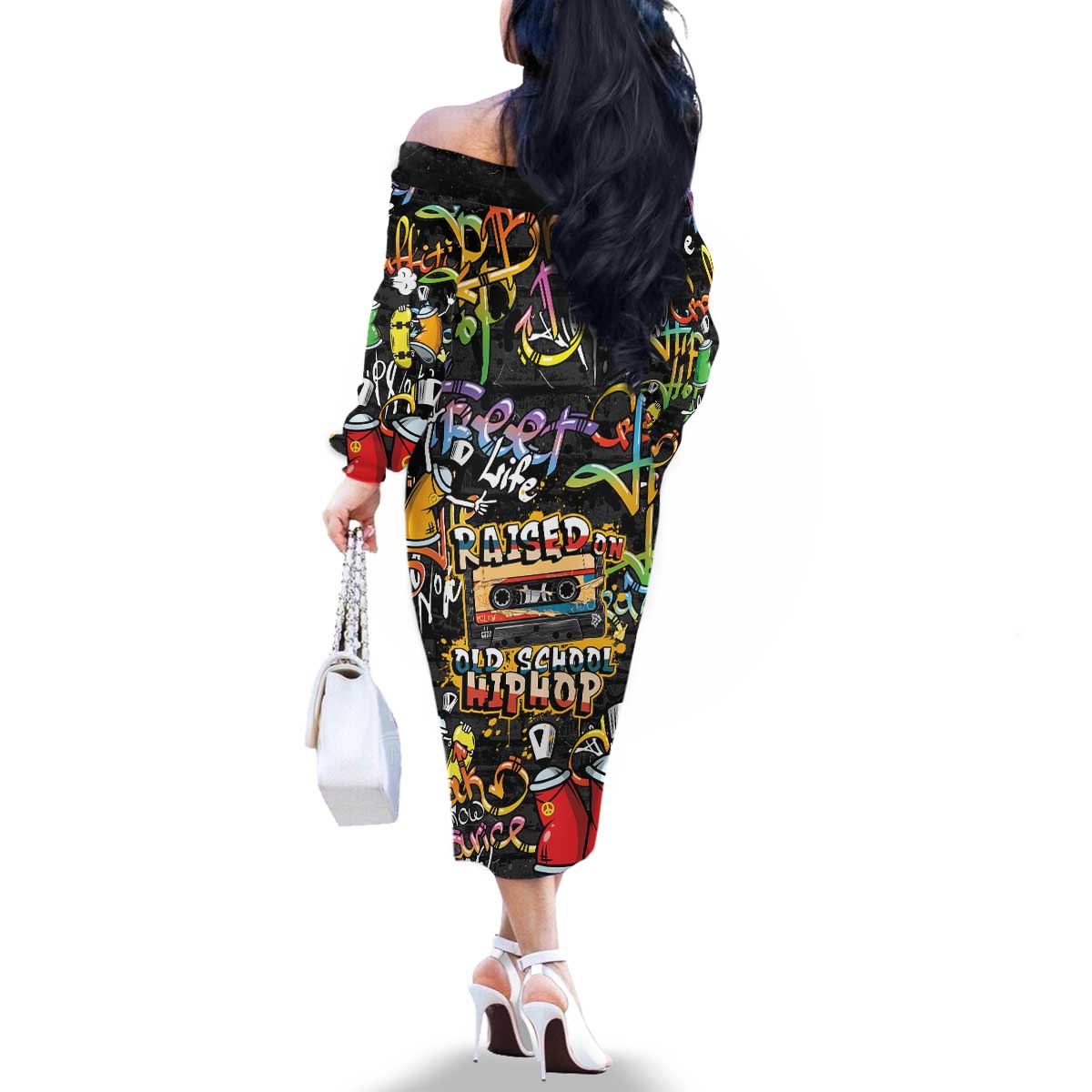 Raised On Hip Hop Family Matching Off The Shoulder Long Sleeve Dress and Hawaiian Shirt Graffiti Art Style - Wonder Print Shop