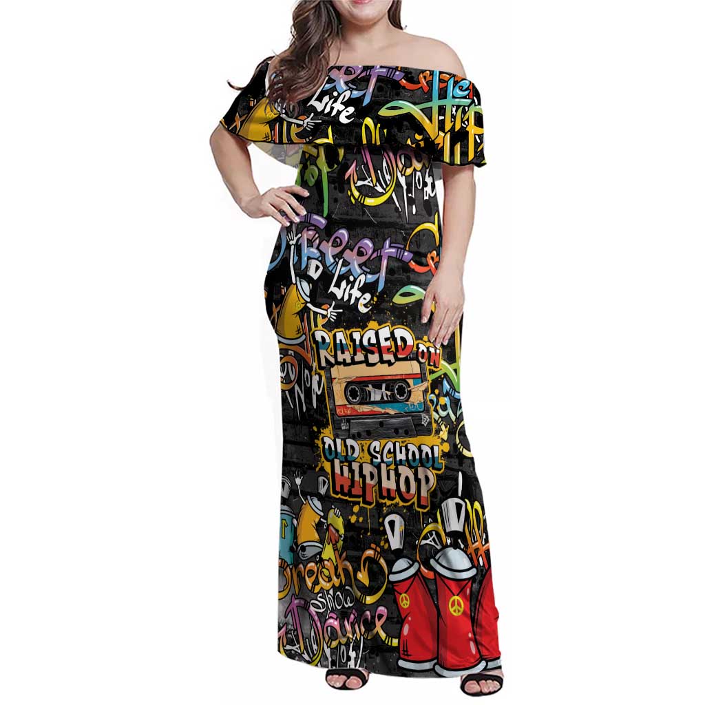 Raised On Hip Hop Family Matching Off Shoulder Maxi Dress and Hawaiian Shirt Graffiti Art Style - Wonder Print Shop
