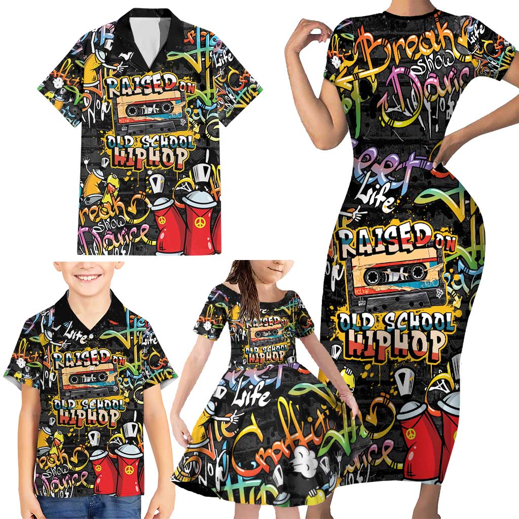 Raised On Hip Hop Family Matching Short Sleeve Bodycon Dress and Hawaiian Shirt Graffiti Art Style - Wonder Print Shop