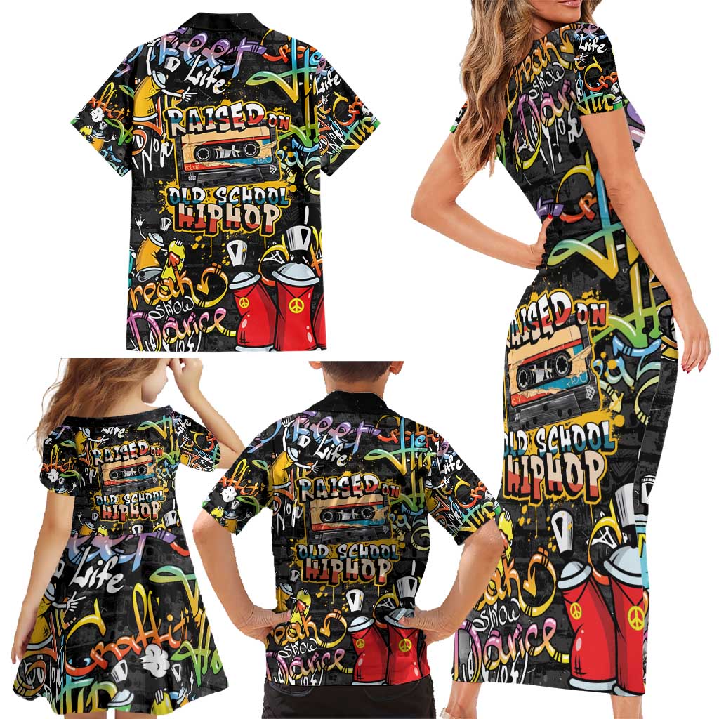 Raised On Hip Hop Family Matching Short Sleeve Bodycon Dress and Hawaiian Shirt Graffiti Art Style - Wonder Print Shop