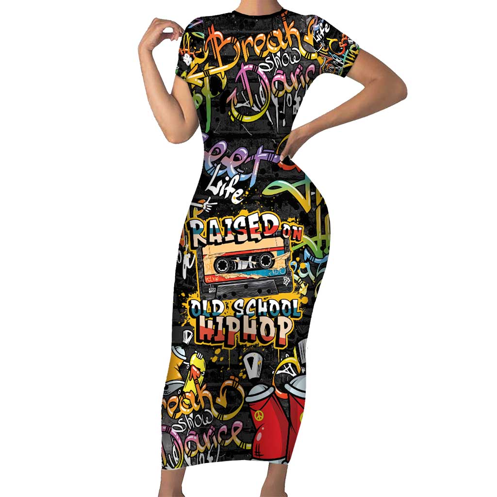 Raised On Hip Hop Family Matching Short Sleeve Bodycon Dress and Hawaiian Shirt Graffiti Art Style - Wonder Print Shop