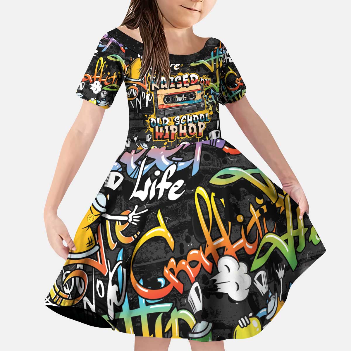 Raised On Hip Hop Kid Short Sleeve Dress Graffiti Art Style - Wonder Print Shop