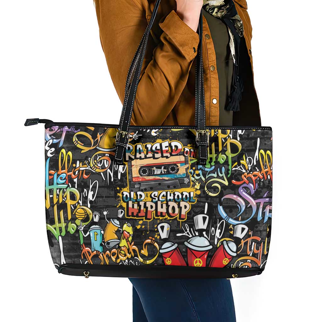 Raised On Hip Hop Leather Tote Bag Graffiti Art Style - Wonder Print Shop