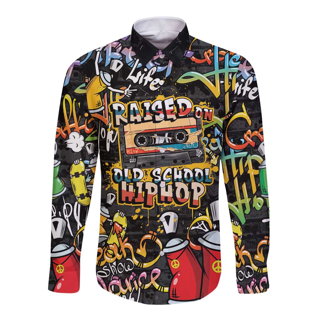 Raised On Hip Hop Long Sleeve Button Shirt Graffiti Art Style - Wonder Print Shop