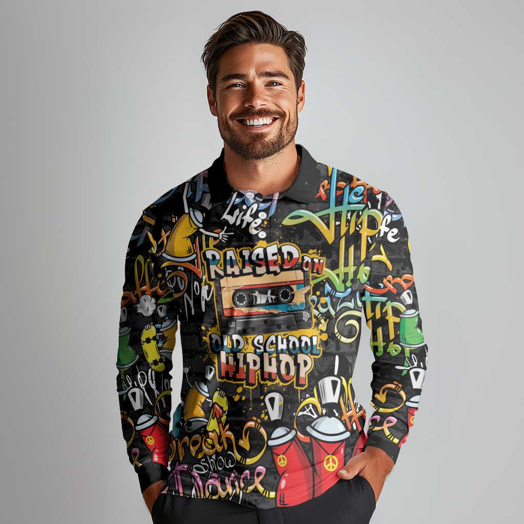 Raised On Hip Hop Long Sleeve Polo Shirt Graffiti Art Style - Wonder Print Shop