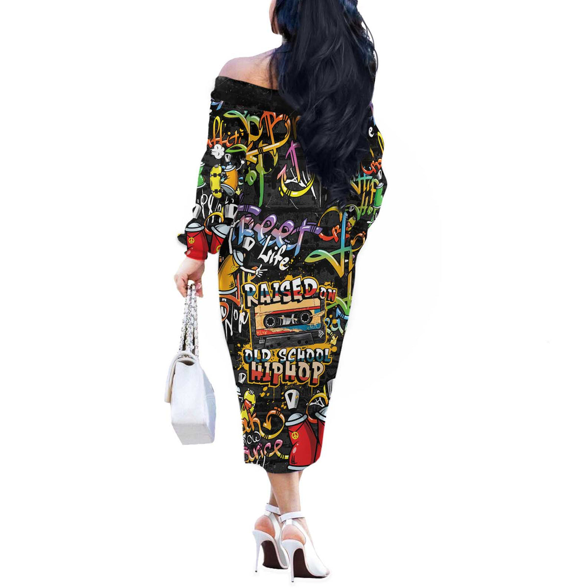 Raised On Hip Hop Off The Shoulder Long Sleeve Dress Graffiti Art Style - Wonder Print Shop