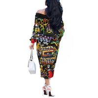 Raised On Hip Hop Off The Shoulder Long Sleeve Dress Graffiti Art Style - Wonder Print Shop
