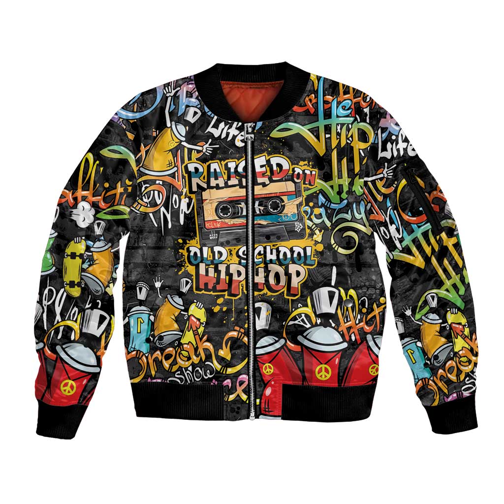 Raised On Hip Hop Sleeve Zip Bomber Jacket Graffiti Art Style - Wonder Print Shop