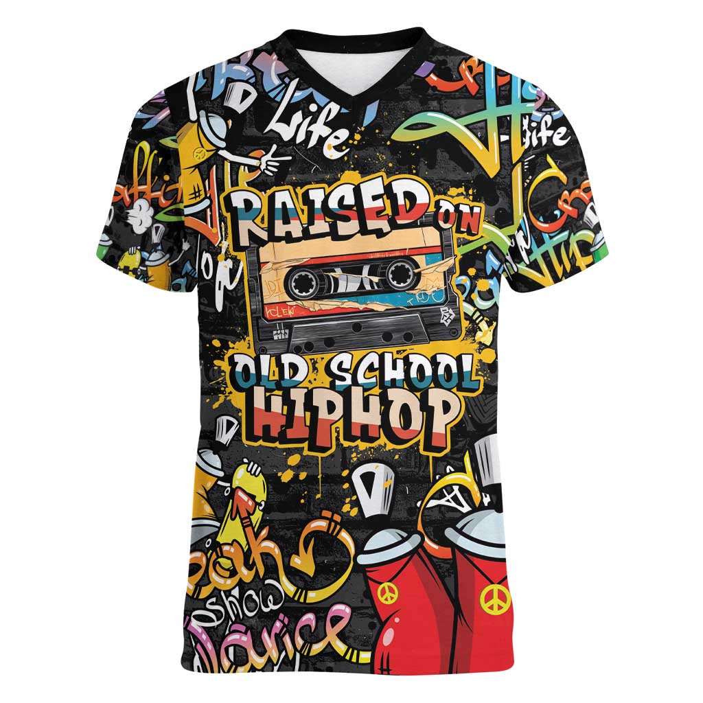 Raised On Hip Hop Women V-Neck T-Shirt Graffiti Art Style - Wonder Print Shop