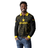Custom Ghana Football 2026 Long Sleeve Polo Shirt Black Stars Never Fall Black Version