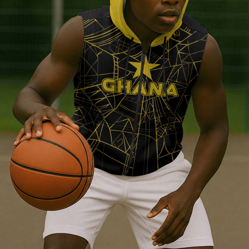 Custom Ghana Football 2026 Sleeveless Zip Hoodie Black Stars Never Fall Black Version