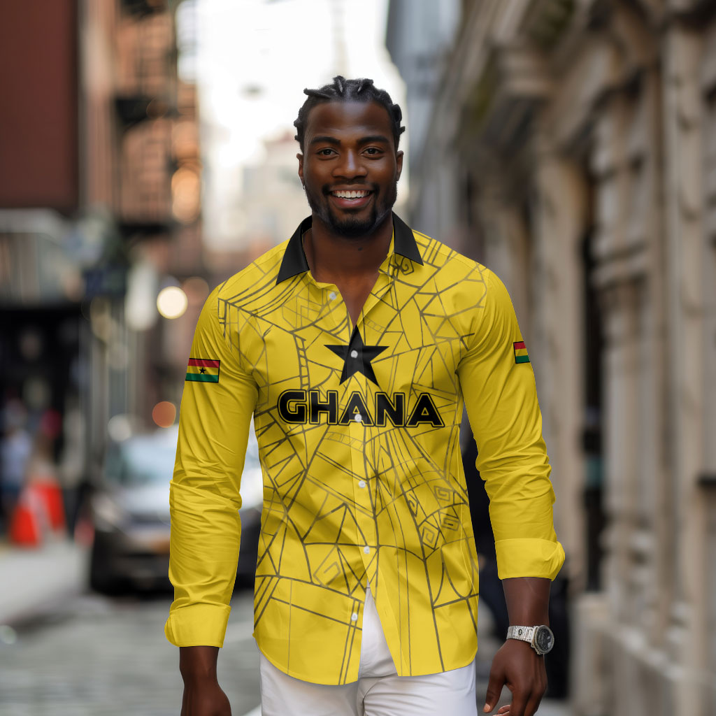 Custom Ghana Football 2026 Long Sleeve Button Shirt Black Stars Never Fall Yellow Version