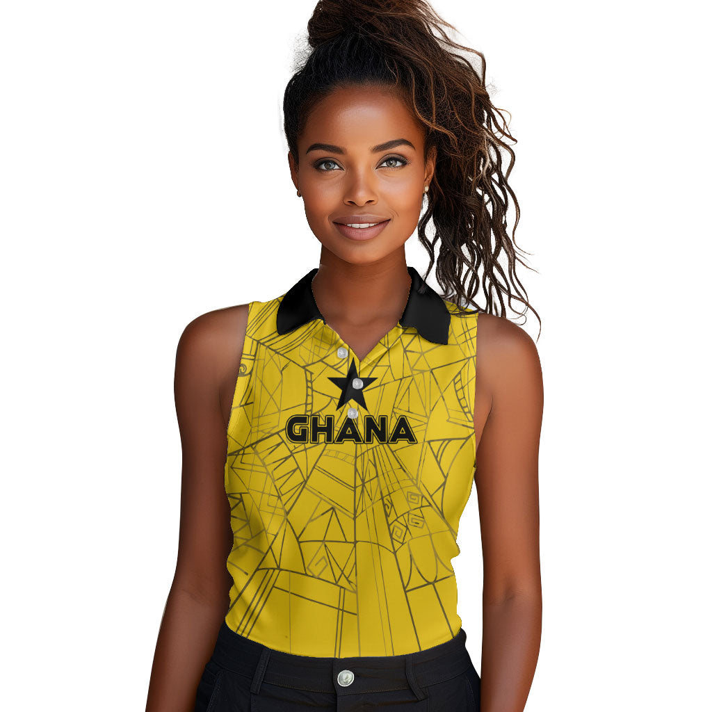 Custom Ghana Football 2026 Women Sleeveless Polo Shirt Black Stars Never Fall Yellow Version