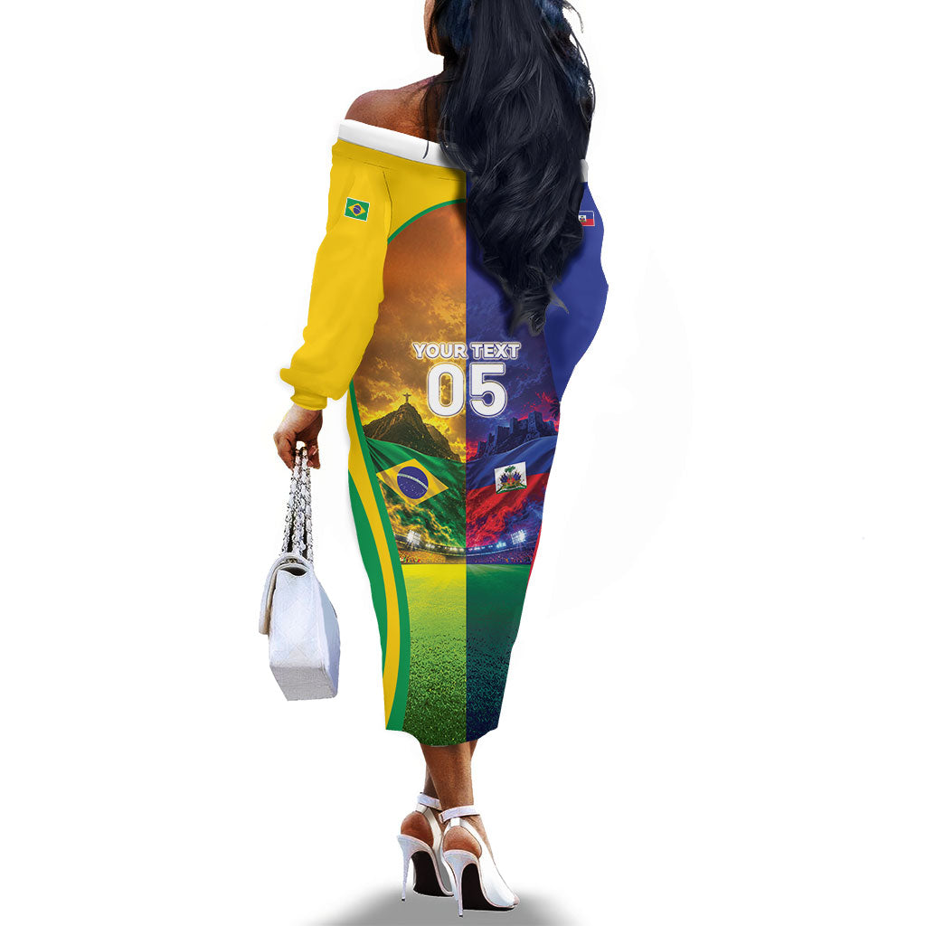Custom Brazil Haiti 2026 World Football Off The Shoulder Long Sleeve Dress Go For Glory