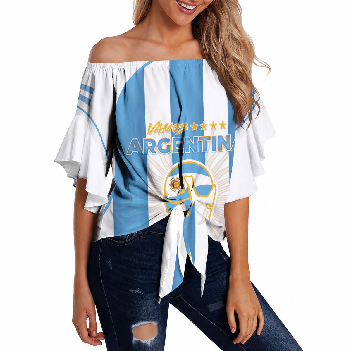 Custom World Football 2026 Argentina Off Shoulder Wrap Waist Top Vamos La Albiceleste