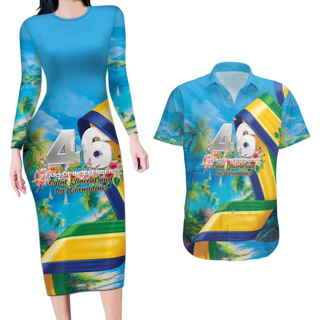 Saint Vincent And The Grenadines Couples Matching Long Sleeve Bodycon Dress and Hawaiian Shirt 46 Years Of Independence - Wonder Print Shop