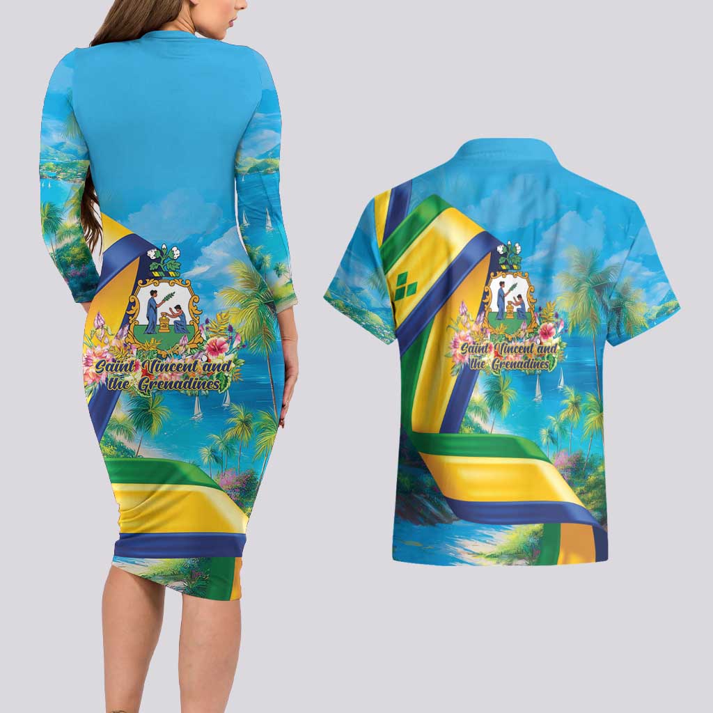 Saint Vincent And The Grenadines Couples Matching Long Sleeve Bodycon Dress and Hawaiian Shirt 46 Years Of Independence - Wonder Print Shop