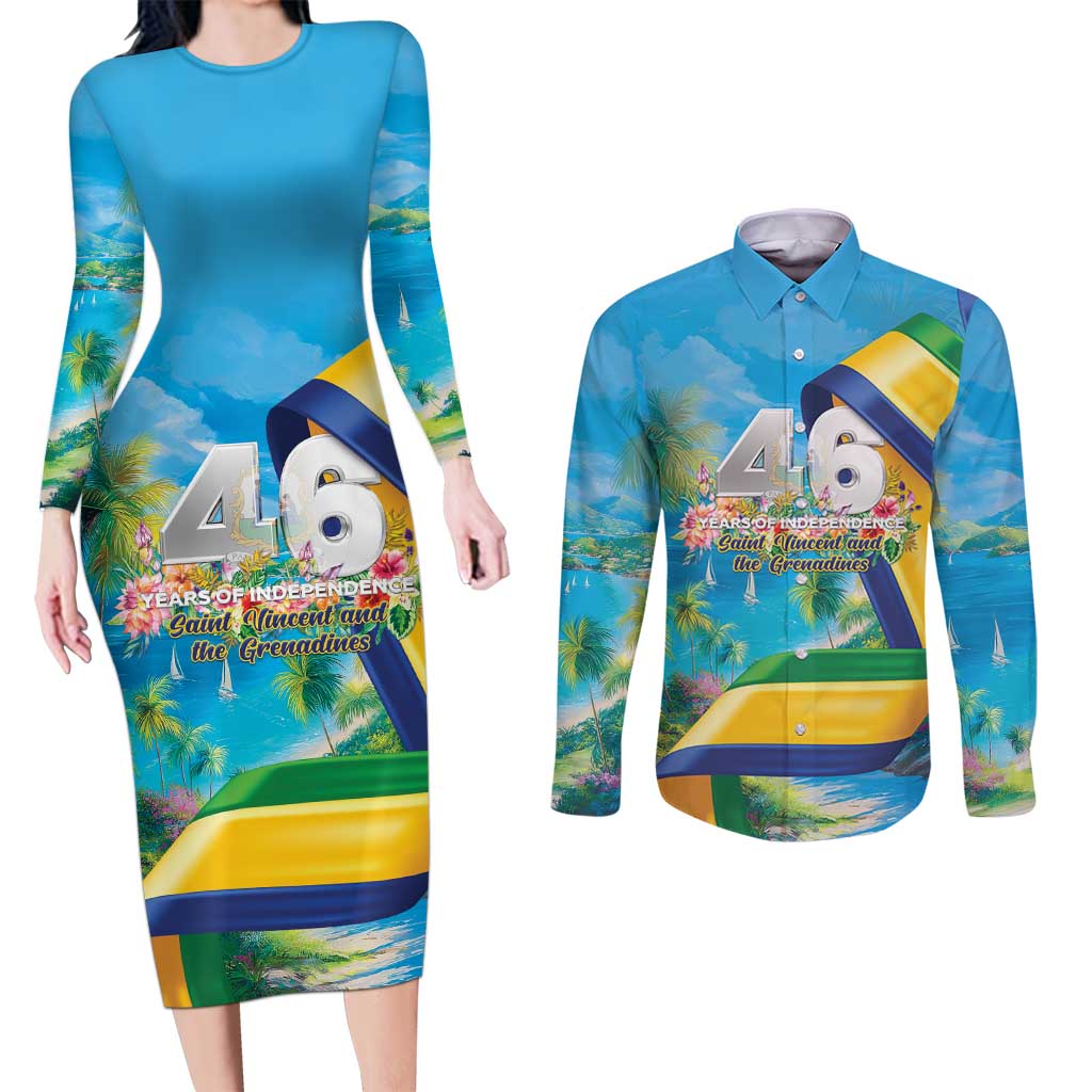 Saint Vincent And The Grenadines Couples Matching Long Sleeve Bodycon Dress and Long Sleeve Button Shirt 46 Years Of Independence - Wonder Print Shop