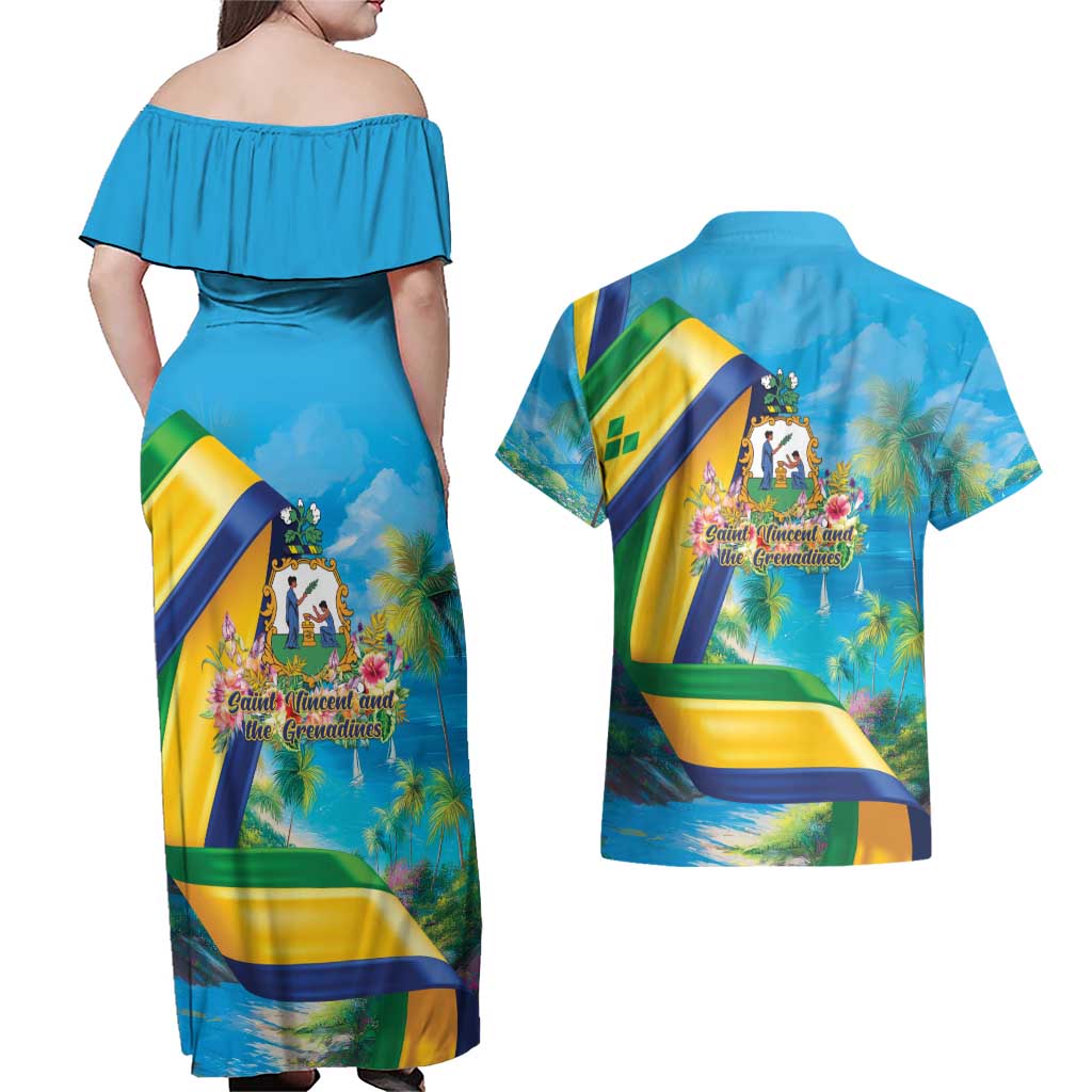 Saint Vincent And The Grenadines Couples Matching Off Shoulder Maxi Dress and Hawaiian Shirt 46 Years Of Independence - Wonder Print Shop