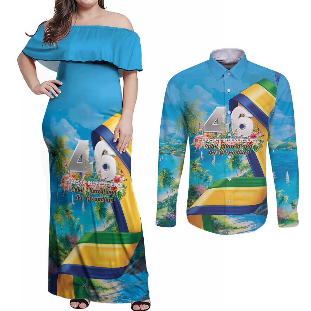Saint Vincent And The Grenadines Couples Matching Off Shoulder Maxi Dress and Long Sleeve Button Shirt 46 Years Of Independence - Wonder Print Shop