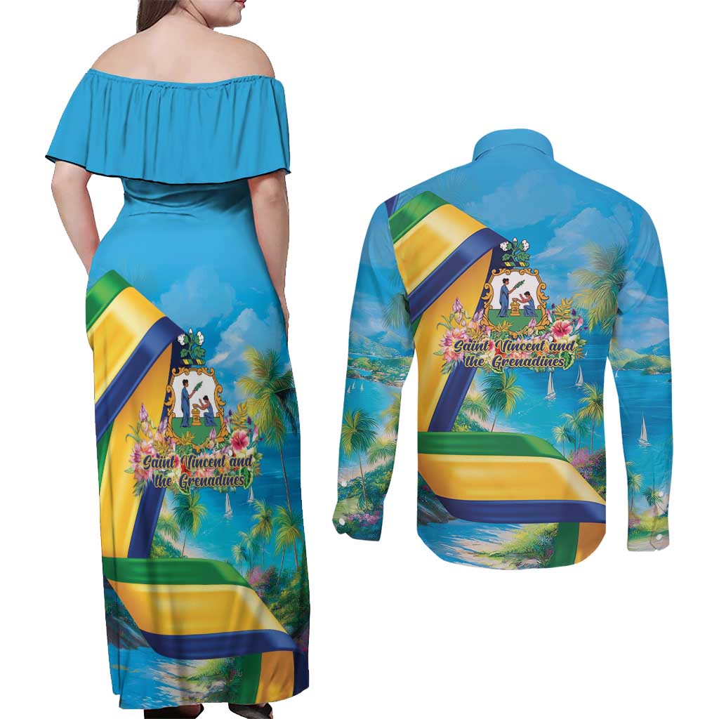 Saint Vincent And The Grenadines Couples Matching Off Shoulder Maxi Dress and Long Sleeve Button Shirt 46 Years Of Independence - Wonder Print Shop