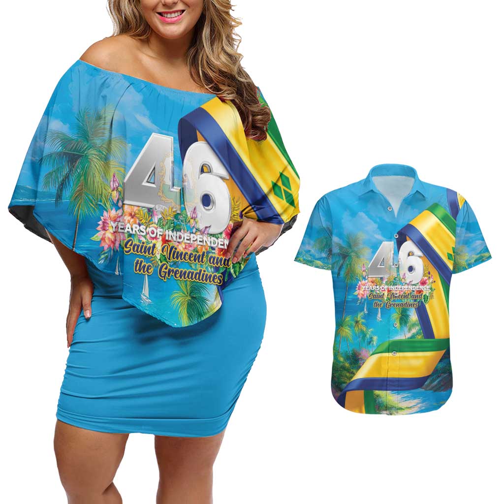 Saint Vincent And The Grenadines Couples Matching Off Shoulder Short Dress and Hawaiian Shirt 46 Years Of Independence - Wonder Print Shop